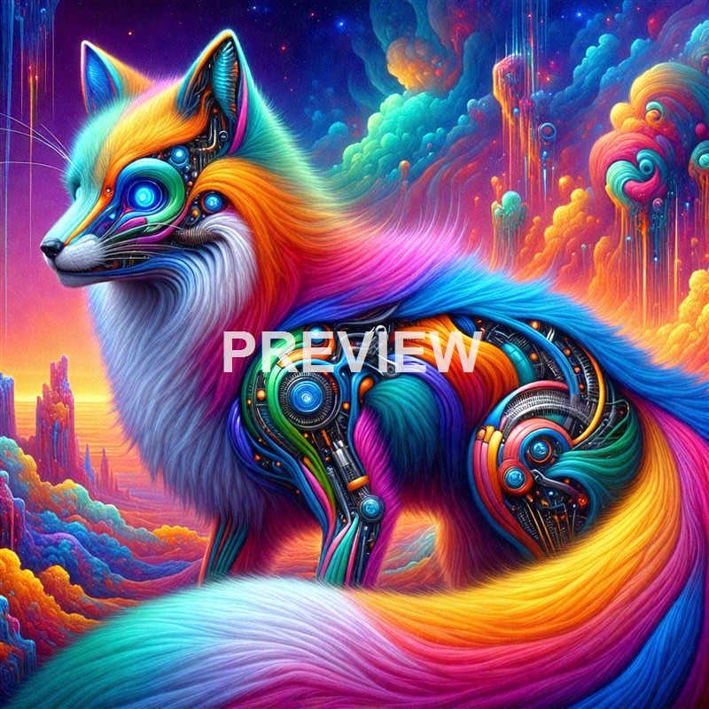A vibrant, cybernetic fox with colorful fur and mechanical components, set against a surreal, brightly colored sky with clouds and floating structures.